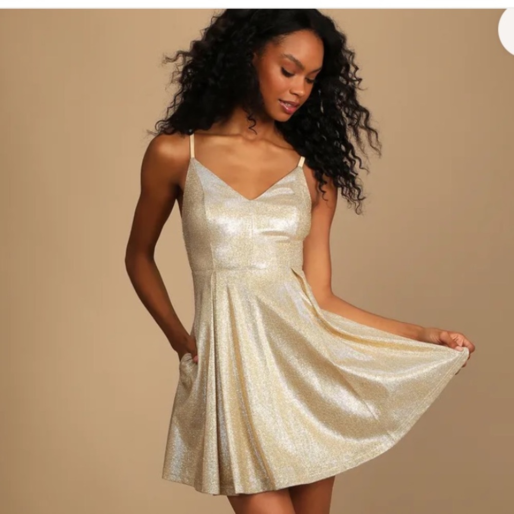 GUC Lulu’s lookout weekend sparkly gold skater dress with pockets size XL